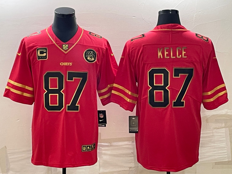 Men’s Kansas City Chiefs #87 Travis Kelce Red Gold 4-star C Patch Vapor Untouchable Limited Stitched Jersey